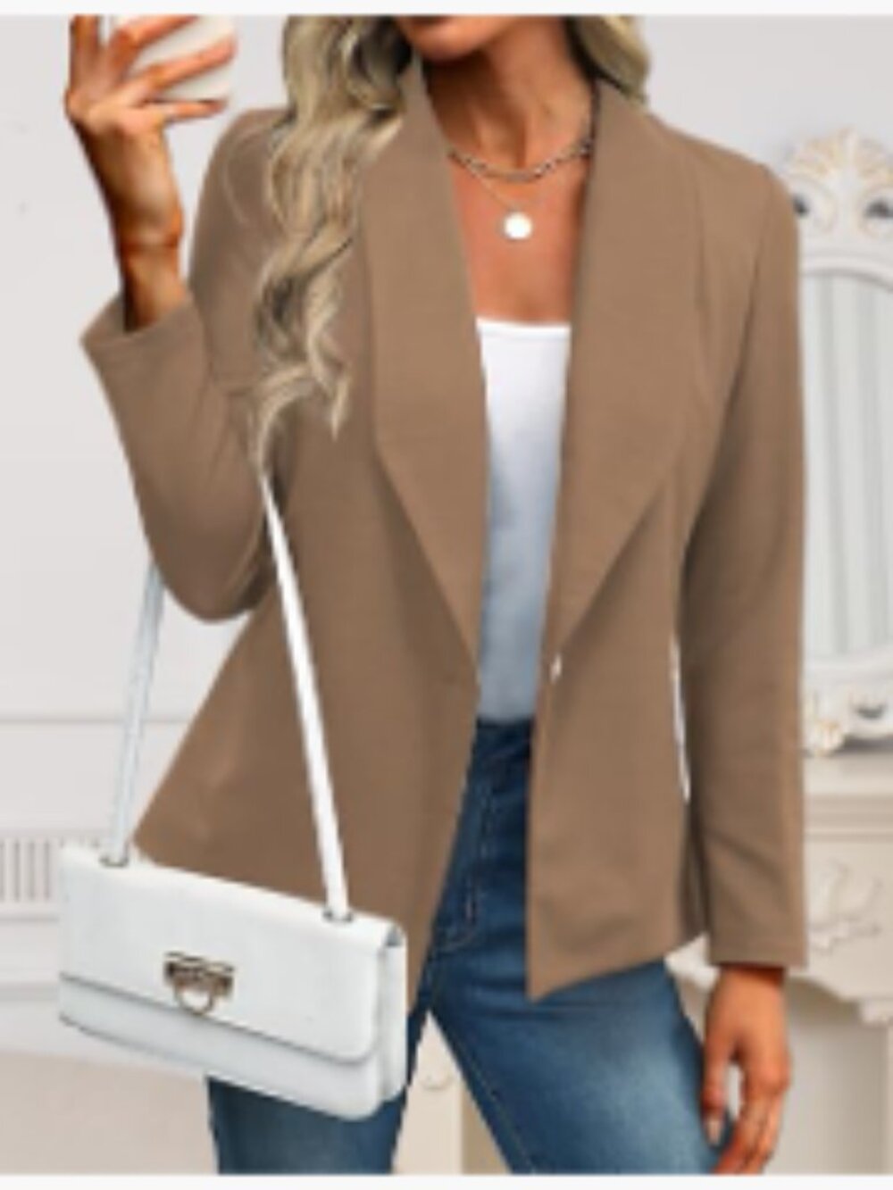 Polyester Elastane Blazer Long Sleeve Open Front Work Office Jacket - Picture 3 of 5